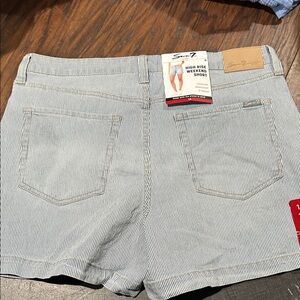 Seven7 High-Waist Pinstripe Shorts in Light Blue and White